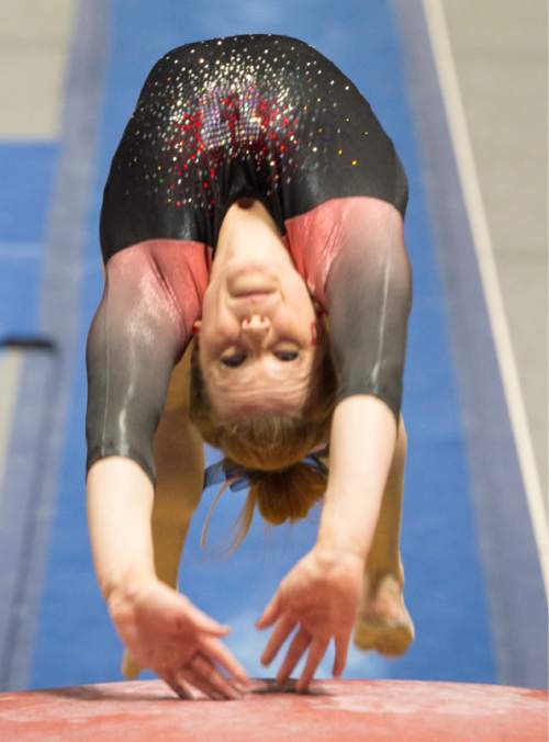 Rick Egan  |  The Salt Lake Tribune

Tory Wilson competes won the vault competition with a 10, in the Pac-12 Gymnastics Championships at the Huntsman Center, Saturday, March 21, 2015.