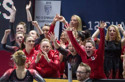 Rick Egan  |  The Salt Lake Tribune

The Utes cheer for Tory Wilson after her 10.0 performance on the vault, in the Pac-12 Gymnastics Championships at the Huntsman Center, Saturday, March 21, 2015.