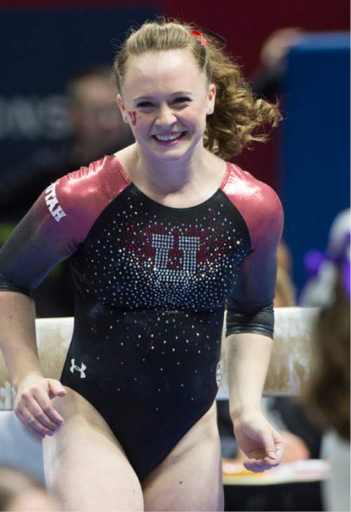 Rick Egan  |  The Salt Lake Tribune

Maddy Stover smiles after competing on the beam, in the Pac-12 Gymnastics Championships at the Huntsman Center, Saturday, March 21, 2015.