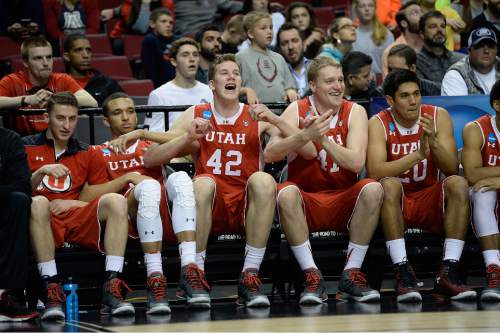 Scott Sommerdorf   |  The Salt Lake Tribune
The Utah bench including Utah Utes forward Jakob Poeltl (42) celebrates as Utah stretches it's lead late in the game. Utah defeated Georgetown 75-64 to advance to the "Sweet Sixteen", Saturday, March 21, 2015.