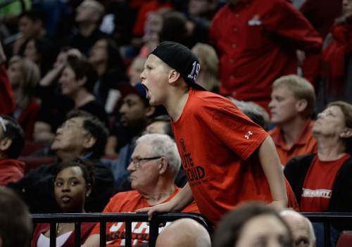 Scott Sommerdorf   |  The Salt Lake Tribune
A young Utah fan boos as he reacts to a hard foul from Georgetown during second half play. Utah defeated Georgetown 75-64 to advance to the "Sweet Sixteen", Saturday, March 21, 2015.