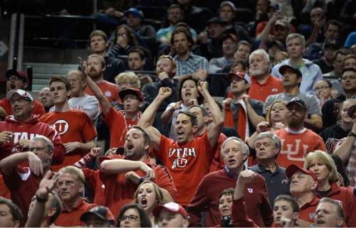 Scott Sommerdorf   |  The Salt Lake Tribune
Utah fans cheer as Utah stretches it's lead and looks like the game is locked up late. Utah defeated Georgetown 75-64 to advance to the "Sweet Sixteen", Saturday, March 21, 2015.