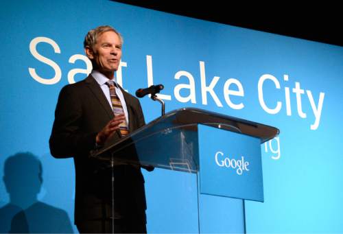 Al Hartmann  |  The Salt Lake Tribune 
Mayor Ralph Becker announces Salt Lake City as the next target city for Google Fiber Tuesday March 24.  Google plans to design and build a fiber-optic internet network across the city, ultimately giving residents and businesses access to gigabit Internet speeds.