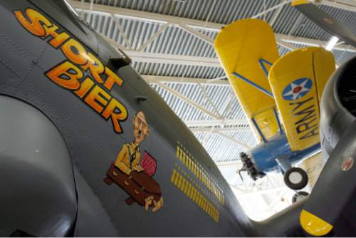 Francisco Kjolseth  |  The Salt Lake Tribune
A Boeing B-17G "Flying Fortress" is one of many planes featured at the Hill Aerospace Museum on the edge of Hill Air Force Base near Ogden that features colorful graphics of the times and often times pay tribute to Utah pilots. A comprehensive history of flight fills 30 acres of land at the current facility since 1991. The museum, free to the public, gets around 180,000 visitors annually. In background is a Boeing-Stearman PT-17 "Kaydet", one of the most widely used training aircraft of WWII.