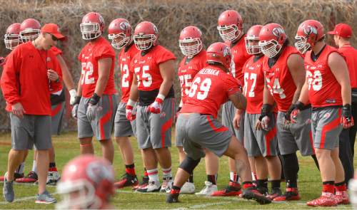 Leah Hogsten  |  The Salt Lake Tribune
Offensive lineman Lo Falemaka works the line as the University of Utah football team held their first spring practice, Tuesday, March 24, 2015.