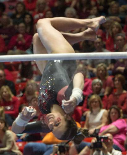 Rick Egan  |  The Salt Lake Tribune

Breanna Hughes competes on the bars for the Utes, in the Pac-12 Gymnastics Championships at the Huntsman Center, Saturday, March 21, 2015.