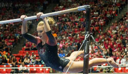 Rick Egan  |  The Salt Lake Tribune

Georgia Dabritz competes on the bars for the Utes, in the Pac-12 Gymnastics Championships at the Huntsman Center, Saturday, March 21, 2015.
