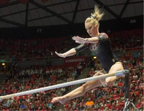 Rick Egan  |  The Salt Lake Tribune

Georgia Dabritz competes on the bars for the Utes, in the Pac-12 Gymnastics Championships at the Huntsman Center, Saturday, March 21, 2015.