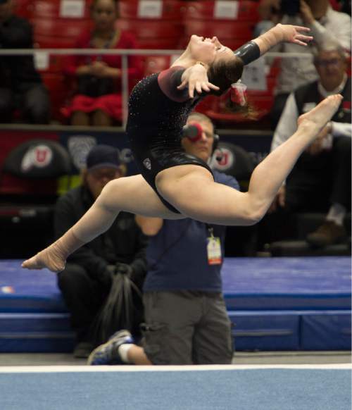 Rick Egan  |  The Salt Lake Tribune

Becky Tutka competes on the floor for the Utes, in the Pac-12 Gymnastics Championships at the Huntsman Center, Saturday, March 21, 2015.
