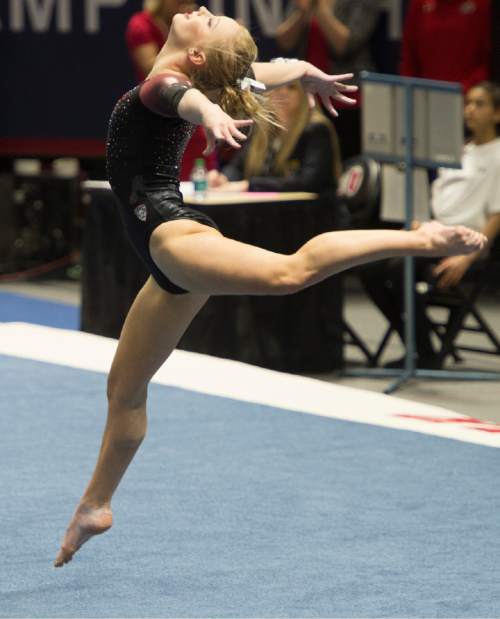 Rick Egan  |  The Salt Lake Tribune

Georgia Dabritz competes on the floor for the Utes, in the Pac-12 Gymnastics Championships at the Huntsman Center, Saturday, March 21, 2015.