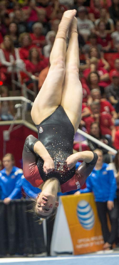 Rick Egan  |  The Salt Lake Tribune

Baely Rowe competes on the floor for the Utes, in the Pac-12 Gymnastics Championships at the Huntsman Center, Saturday, March 21, 2015.