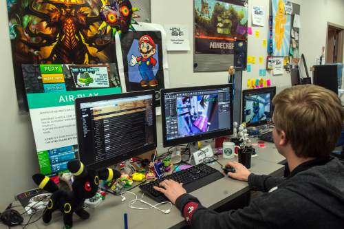 Chris Detrick  |  The Salt Lake Tribune
University of Utah's James Hulse works on the game 404Sight in the Merrill Engineering Building Tuesday March 24, 2015.  404Sight is a net neutrality game that will be available for free on April 16. The University of Utah's video game design program ranked top among graduate programs and number 2 for undergraduates in Princeton Review's.