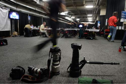 Scott Sommerdorf   |  The Salt Lake Tribune
Cameras wait in the photo workroom prior to the Utah vs Georgetown game, Saturday, March 21, 2015.