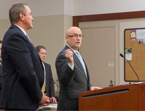 Rick Egan  |  The Salt Lake Tribune

Former Attorney General Mark Shurtleff stands with his attorney Richard Van Wagoner in 3rd District Court for a scheduling conference at the Matheson Ccourthouse, Monday, March 23, 2015. Third District Court Judge Randall Skanchy set a June 15 date for a hearing to determine whether Shurtleff will stand trial on bribery and corruption charges.