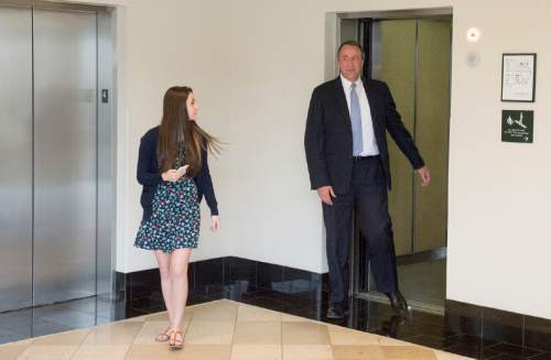 Rick Egan  |  The Salt Lake Tribune

Former Attorney General Mark Shurtleff and his daughter Annie arrive at the Matheson Courthouse for Shurtleff's scheduling hearing Monday, March 23, 2015. Third District Court Judge Randall Skanchy set a June 15 date for a hearing to determine whether Shurtleff will stand trial on bribery and corruption charges.