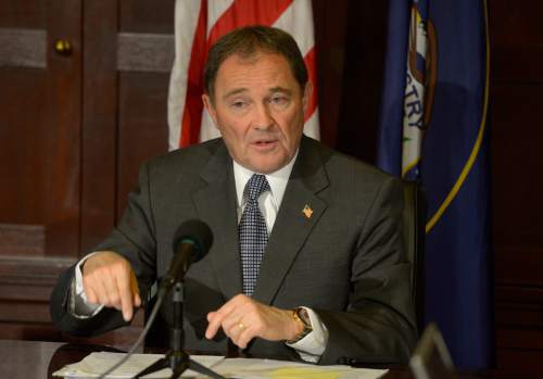 Leah Hogsten  |  The Salt Lake Tribune
Utah Governor Gary Herbert addresses the media Tuesday, February 25, 2014 with his concerns about the state's budget, education, air quality and the state prison's relocation.