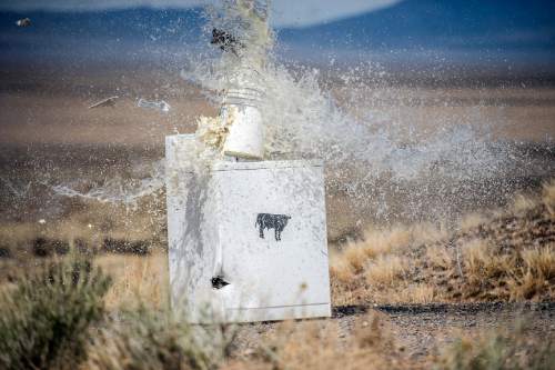 Chris Detrick  |  The Salt Lake Tribune
Paint buckets explode after being shot by a pool ball shot from a cannon by Robert Kirby and friend Sonny in Rush Valley Saturday March 21, 2015.