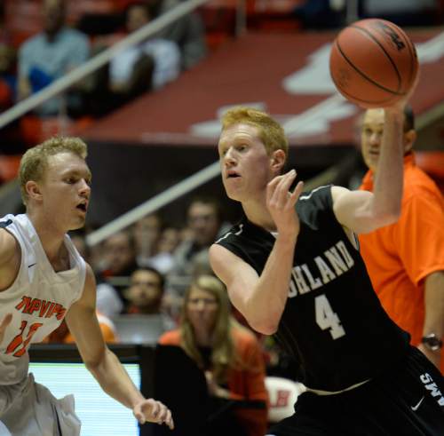 Rick Egan  | The Salt Lake Tribune 

Jake Connor (4), Highland, throws a pass as Luke Sagers (12), defends for Timpview in 4A state basketball action, Timpview vs. Highland, at the Huntsman Center, Monday, March 3, 2014.