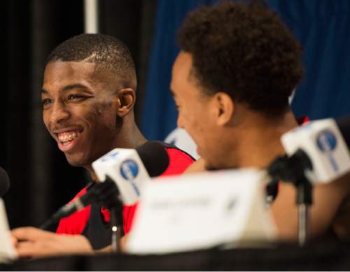 Steve Griffin  |  The Salt Lake Tribune

Utah Utes guard Delon Wright (55) and Utah Utes guard Brandon Taylor (11) talk to the media following the Utes' practice on the NRG Stadium court prior to their 2015 NCAA Men's Basketball Championship Regional Semifinal game against Duke in Houston, Thursday, March 26, 2015.