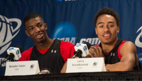 Steve Griffin  |  The Salt Lake Tribune

Utah Utes guard Delon Wright (55) and Utah Utes guard Brandon Taylor (11) talk to the media following the Utes' practice on the NRG Stadium court prior to their 2015 NCAA Men's Basketball Championship Regional Semifinal game against Duke in Houston, Thursday, March 26, 2015.