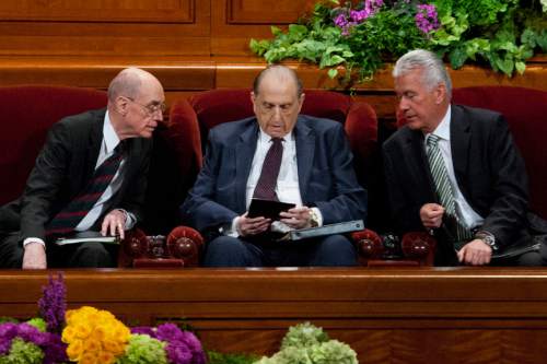 Chris Detrick  |  The Salt Lake Tribune
LDS Church President Thomas S. Monson, President Henry B. Eyring,first counselor in the First Presidency, and President Dieter F. Uchtdorf, second counselor, talk at the morning session of the 183rd Semiannual General Conference of The Church of Jesus Christ of Latter-day Saints Saturday April 6, 2013. `