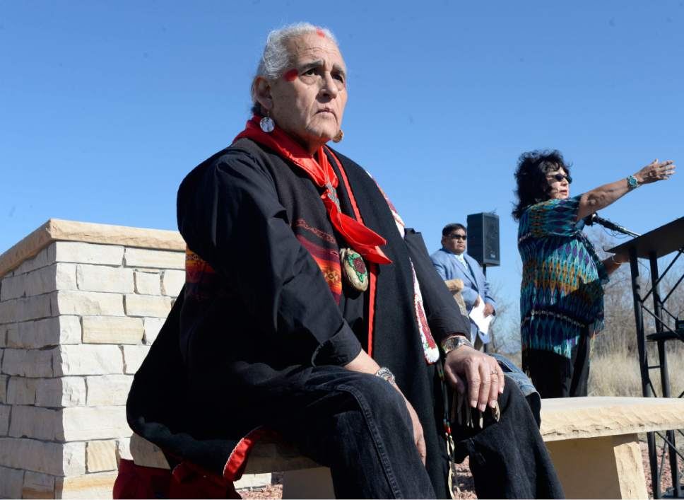 Al Hartmann  |  The Salt Lake Tribune 
Shirley Silversmith, Director Utah Division of Indian Affairs, right, opens the Galena Sundial Monument dedication ceremony on the Jordan River Parkway Friday March 27.  Lacee Harris, Northern Ute waits to give the opening prayer.  UTA, Utah Indian tribal leaders and Gov. Gary Herbert dedicated the monument.  Once there was controversy over FrontRunner violating an Indian burial ground in the area, and this sundial was part of the promised mitigation.