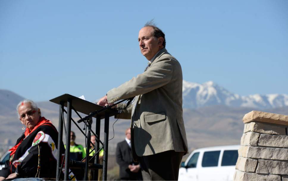 Al Hartmann  |  The Salt Lake Tribune 
Michael Allegra, UTA President/CEO speaks at the Galena Sundial Monument dedication ceremony on the Jordan River Parkway Friday March 27.  Once there was controversy over FrontRunner violating an Indian burial ground in the area, and this sundial was part of the promised mitigation.