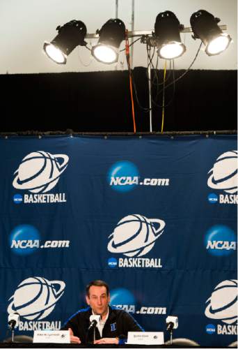 Steve Griffin  |  The Salt Lake Tribune

Duke University head coach Mike Krzyzewski talks to the media during a press conference at NRG Stadium prior to the 2015 NCAA Men's Basketball Championship Regional Semifinal game against Utah in Houston, Thursday, March 26, 2015.