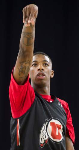 Steve Griffin  |  The Salt Lake Tribune

Utah Utes guard Delon Wright (55) shoots jumpers during practice on the NRG Stadium court prior to the Utes' 2015 NCAA Men's Basketball Championship Regional Semifinal game against Duke in Houston, Thursday, March 26, 2015.