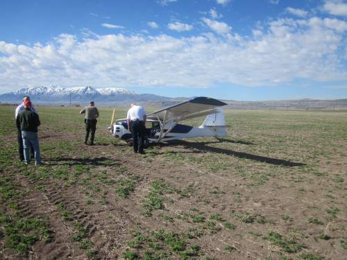 | Courtesy Cache County Sheriff's Office.

A 74 year old man was uninjured when his home-built plane made a hard landing in a hay field near the town of Newton on Saturday, March 28, 2014.