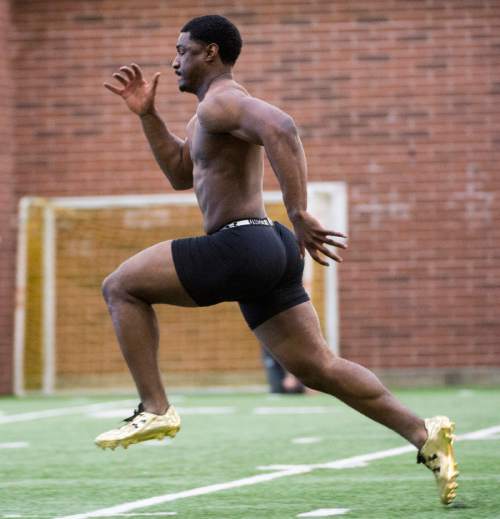 Rick Egan  |  The Salt Lake Tribune

Defensive end Greg Reese runs the 40-yard-dash for NFL scouts during Pro Day at the Spence Eccles Field House, Thursday, March 26, 2015.