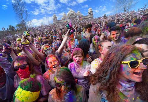 Scott Sommerdorf   |  The Salt Lake Tribune
Thousands celebrate the arrival of Spring at the Sri Sriradha Krishna Temple in Spanish Fork Saturday March 28, 2015. The Holi Festival of Colors continues Sunday from 11 a.m. to 4 p.m.