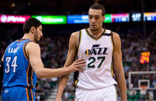 Lennie Mahler  |  The Salt Lake Tribune

Enes Kanter defends Rudy Gobert before an inbounds pass in the first half of a game between the Utah Jazz and Oklahoma City Thunder at EnergySolutions Arena on Saturday, March 28, 2015.