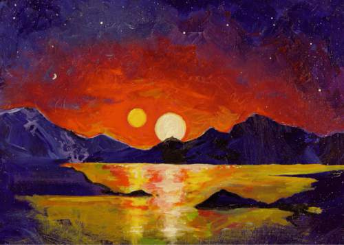 Courtesy  |  Ben Bromley, University of Utah

In this acrylic painting, University of Utah astrophysicist Ben Bromley envisions the view of a double sunset from an uninhabited Earthlike planet orbiting a pair of binary stars. In a new study, Bromley and Scott Kenyon of the Smithsonian Astrophysical Observatory performed mathematical analysis and simulations showing that it is possible for a rocky planet to form around binary stars, like Luke Skywalkerís home planet Tatooine in the ìStar Warsî films. So far, NASAís Kepler space telescope has found only gas-giant planets like Saturn or Neptune orbiting binary stars.