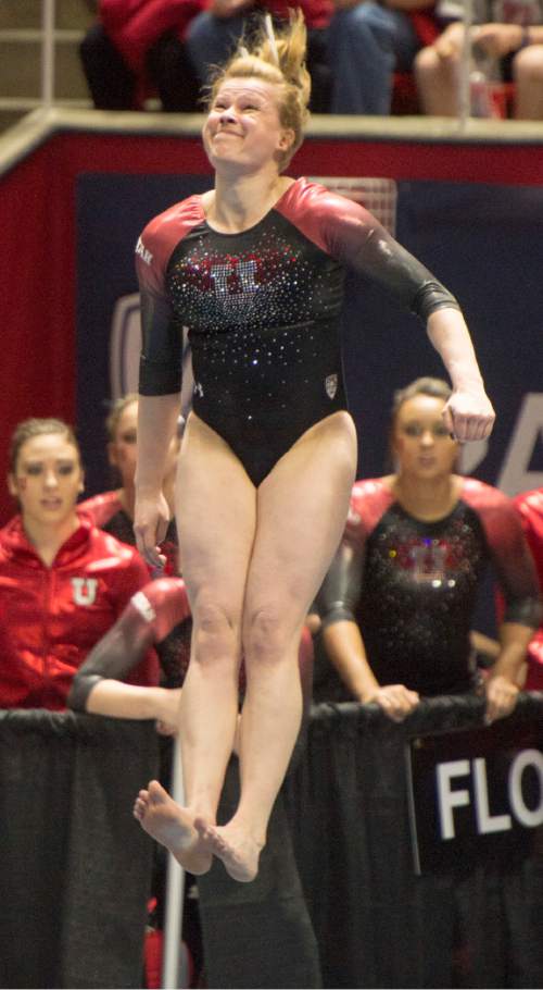 Rick Egan  |  The Salt Lake Tribune

Tory Wilson was injured on her first pass on the floor, in the Pac-12 Gymnastics Championships at the Huntsman Center, Saturday, March 21, 2015.