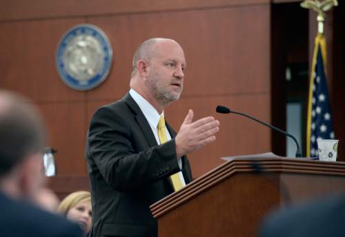 Al Hartmann  |  The Salt Lake Tribune 
Defense lawyer Michael Bouwhuis gives closing arguments to the jury in Ogden Tuesday March 31, 2015, asking for mercy and consideration of mitigating circumstances in the death penalty trial for his client Douglas Anderson Lovell. Lovell, 57, has been convicted of aggravated murder for kidnapping and killing 39-year-old Joyce Yost in 1985 to keep her from testifying against him in a rape case.
