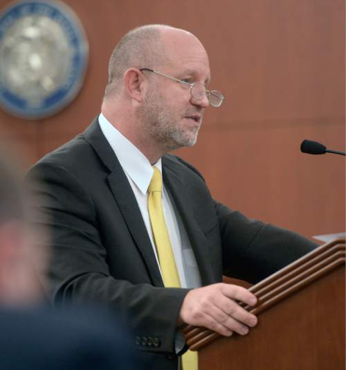 Al Hartmann  |  The Salt Lake Tribune 
Defense lawyer Michael Bouwhuis gives closing arguments to the jury in Ogden Tuesday March 31, 2015, asking for mercy and consideration of mitigating circumstances in the death penalty trial for his client Douglas Anderson Lovell. Lovell, 57, has been convicted of aggravated murder for kidnapping and killing 39-year-old Joyce Yost in 1985 to keep her from testifying against him in a rape case.