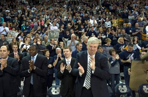 Rick Egan  |  The Salt Lake Tribune

Utah State Aggies head coach Stew Morrill claps as the game is about to begin, after being honored before his last home game as head coach, before the USU Colorado State basketball game in Logan, Saturday, March 7, 2015
