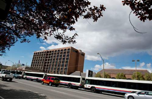 Lennie Mahler  |  The Salt Lake Tribune

A barricade of buses on 500 South blocks off a lane of traffic for cars entering the Sheraton hotel in Salt Lake City, Thursday, April 2, 2015. President Barack Obama is expected to stay at the hotel before speaking at Hill Air Force Base Friday.