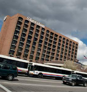 Lennie Mahler  |  The Salt Lake Tribune

A barricade of buses on 500 South blocks off a lane of traffic for cars entering the Sheraton hotel in Salt Lake City, Thursday, April 2, 2015. President Barack Obama is expected to stay at the hotel before speaking at Hill Air Force Base on Friday.