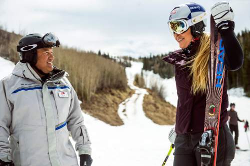 Chris Detrick  |  The Salt Lake Tribune
Vail ambassador and Olympic skier Lindsey Vonn and Bill Rock, Park City Mountain Resort's chief financial officer, speak during a press conference at Park City Mountain Resort Tuesday March 31, 2015.