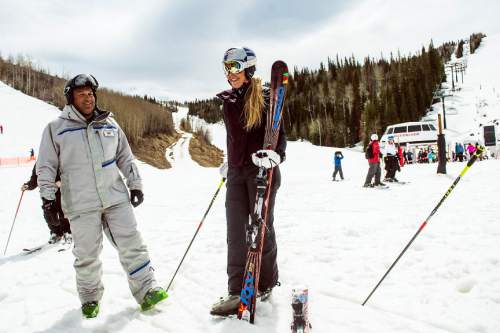 Chris Detrick  |  The Salt Lake Tribune
Vail ambassador and Olympic skier Lindsey Vonn and Bill Rock, Park City Mountain Resort's chief financial officer, speak during a press conference at Park City Mountain Resort Tuesday March 31, 2015.