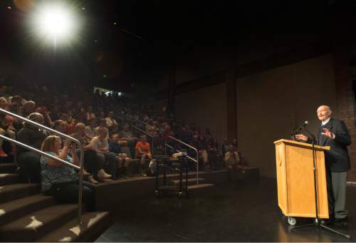 Rick Egan  |  The Salt Lake Tribune

Gail Halvorsen, 94 years old and known around the world as the Berlin Candy Bomber, speaks to seventh-grade students at Oquirrh Hills Middle School, Wednesday, April 1, 2015