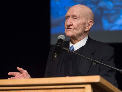 Rick Egan  |  The Salt Lake Tribune

Gail Halvorsen, 94 years old and known around the world as the Berlin Candy Bomber, shares his history lesson with seventh-grade students at Oquirrh Hills Middle School, Wednesday, April 1, 2015