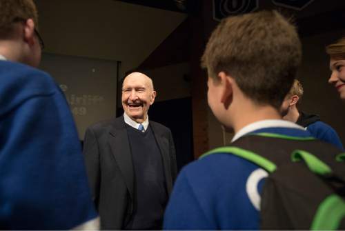 Rick Egan  |  The Salt Lake Tribune

Gail Halvorsen, 94 years old and known around the world as the Berlin Candy Bomber, visits with seventh-grade students before speaking at Oquirrh Hills Middle School, Wednesday, April 1, 2015.