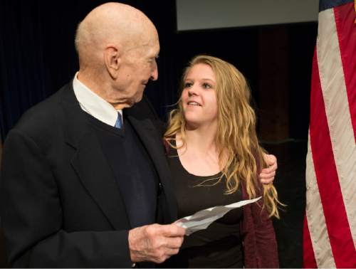 Rick Egan  |  The Salt Lake Tribune

Gail Halvorsen, 94 years old and known around the world as the Berlin Candy Bomber, visits with Emma Barlow, 16, before speaking at Oquirrh Hills Middle School, Wednesday, April 1, 2015.