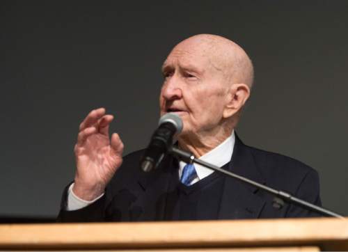 Rick Egan  |  The Salt Lake Tribune

Gail Halvorsen, 94 years old and known around the world as the Berlin Candy Bomber, shares his history lesson with seventh-grade students at Oquirrh Hills Middle School, Wednesday, April 1, 2015