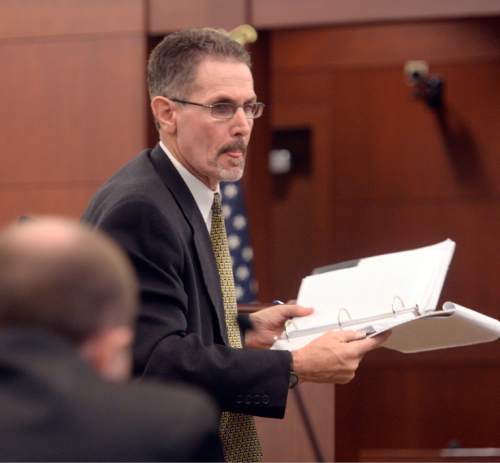 Al Hartmann  |  The Salt Lake Tribune 
Prosecutor Gary Heward interviews witness in Ogden Monday March 30, 2015, during the penalty phase of the Douglas Anderson Lovell trial.     Lovell, 57, has been convicted of aggravated murder for kidnapping and killing 39-year-old Joyce Yost in 1985 to keep her from testifying against him in a rape case.