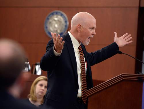 Al Hartmann  |  The Salt Lake Tribune 
 Deputy Weber County Attorney Christopher Shaw gives dramatic closing arguments to the jury in Ogden Tuesday March 31, 2015, asking for the death penalty for Douglas Anderson Lovell. Lovell, 57, has been convicted of aggravated murder for kidnapping and killing 39-year-old Joyce Yost in 1985 to keep her from testifying against him in a rape case.