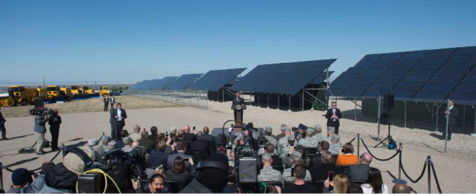 Steve Griffin  |  The Salt Lake Tribune

President Barack Obama delivers a speech in front of solar panels at Hill Air Force Base  in Ogden, Friday, April 3, 2015.